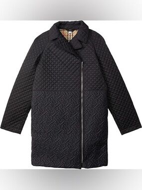 Burberry Girls’ Gia Cocoon Black TB Monogram Quilted Coat/Check Interior—6Y